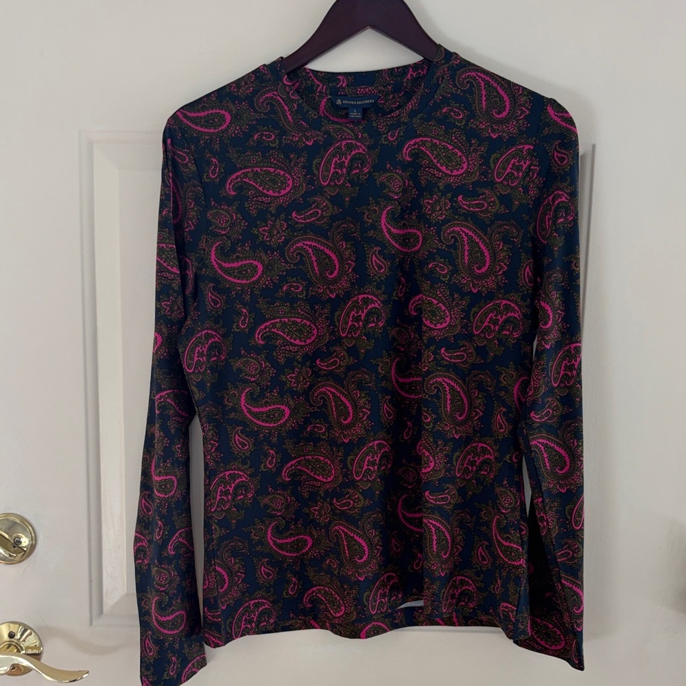 Brooks Brothers Black Long Sleeve Top with Pink Paisley Print